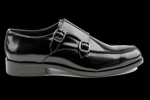 Classic Black Monk Strap Patent Leather Shoes With Moc Toe Effect